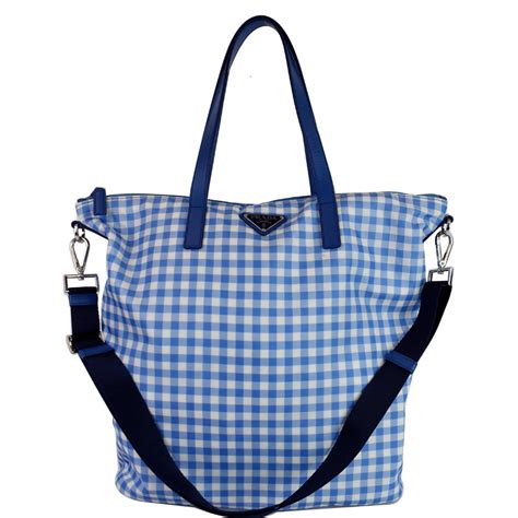 prada blue check tote bag